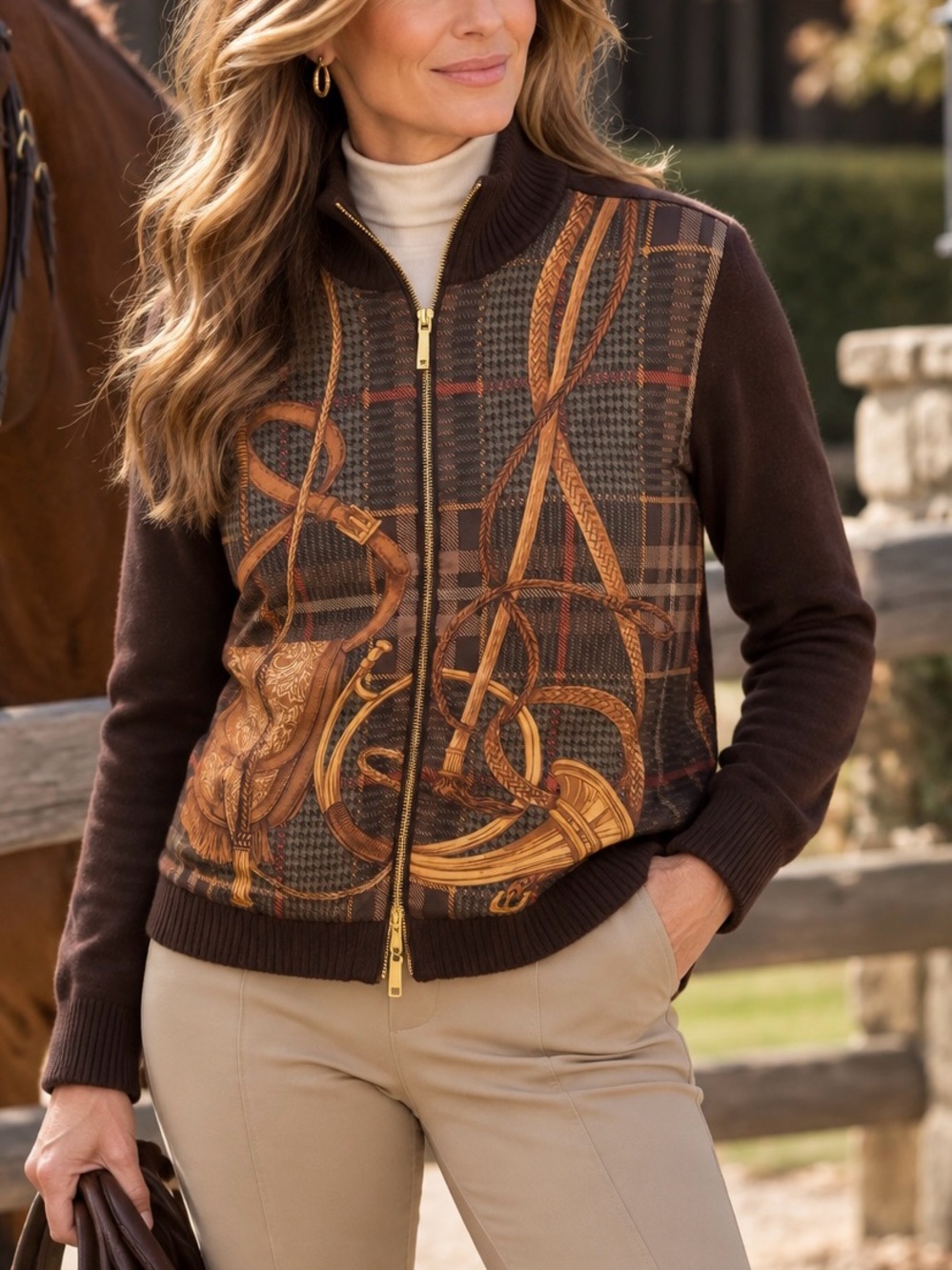 Vintage Lauren Ralph Lauren PL Silk Cashmere Equestrian Zip Sweater Jacket Brown